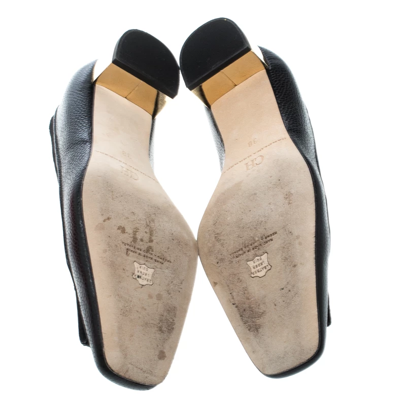 Carolina Herrera Black Leather and Suede Logo Detail Square Toe Pumps Size 38 Women