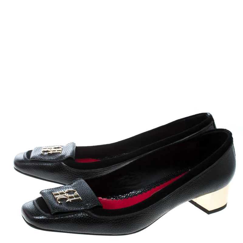 Carolina Herrera Black Leather and Suede Logo Detail Square Toe Pumps Size 38 Women