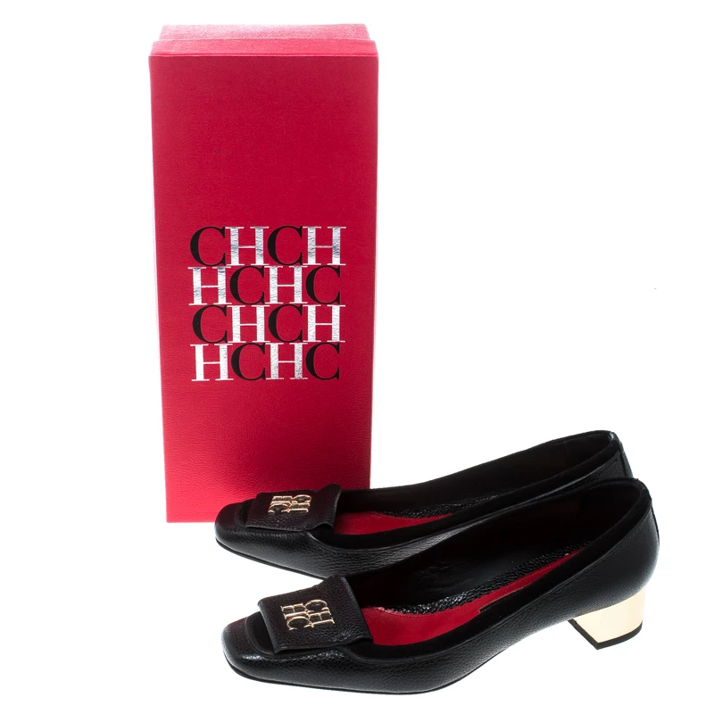 Carolina Herrera Black Leather and Suede Logo Detail Square Toe Pumps Size 38 Women
