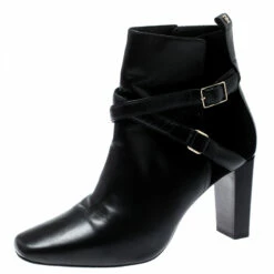 Carolina Herrera Black Leather And Suede Cross Strap Block Heel Ankle Boots Size 39 Women