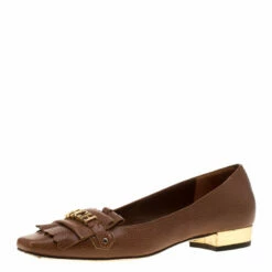 Carolina Herrera Brown Leather Logo Detail Fringe Loafers Size 38 Women