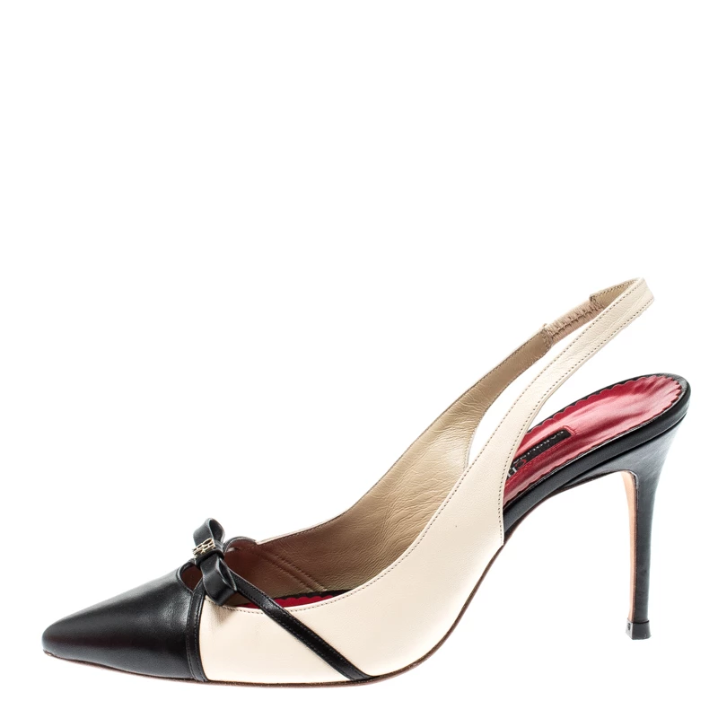 Carolina Herrera Black And Beige Leather Bow Pointed Toe Slingback Pumps Size 38 Women