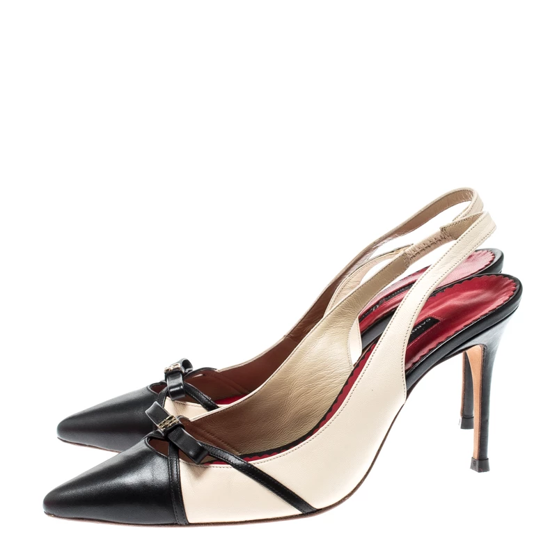 Carolina Herrera Black And Beige Leather Bow Pointed Toe Slingback Pumps Size 38 Women