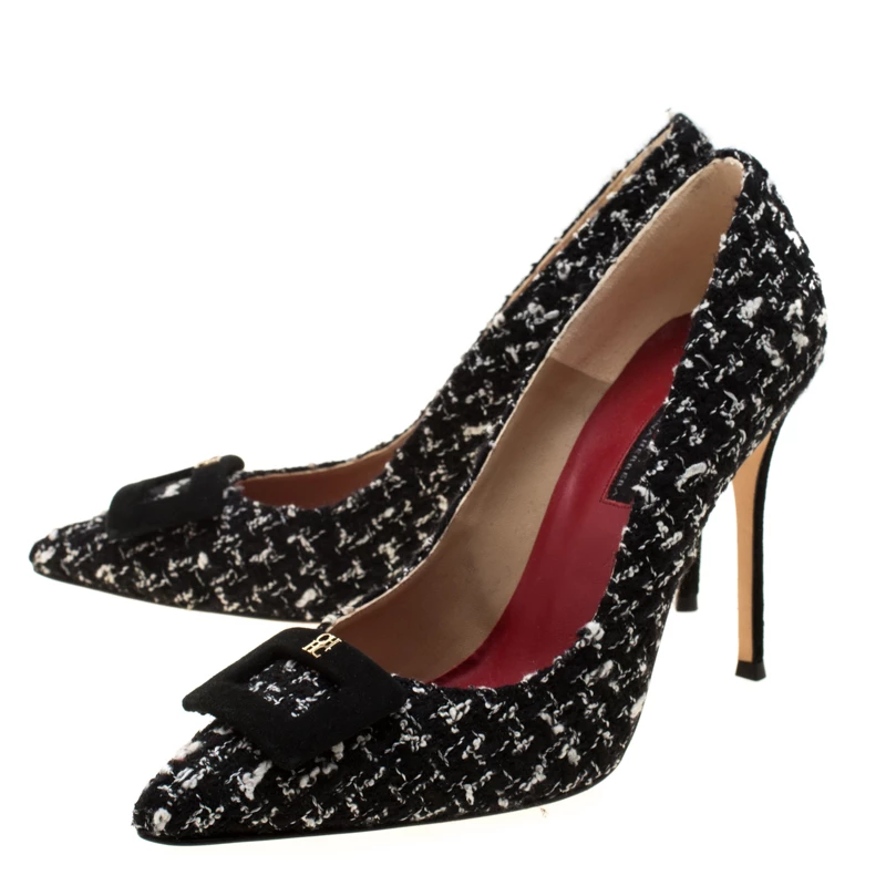 Carolina Herrera Monochrome Tweed Fabric And Suede Pointed Toe Pumps Size 40 Women - Black