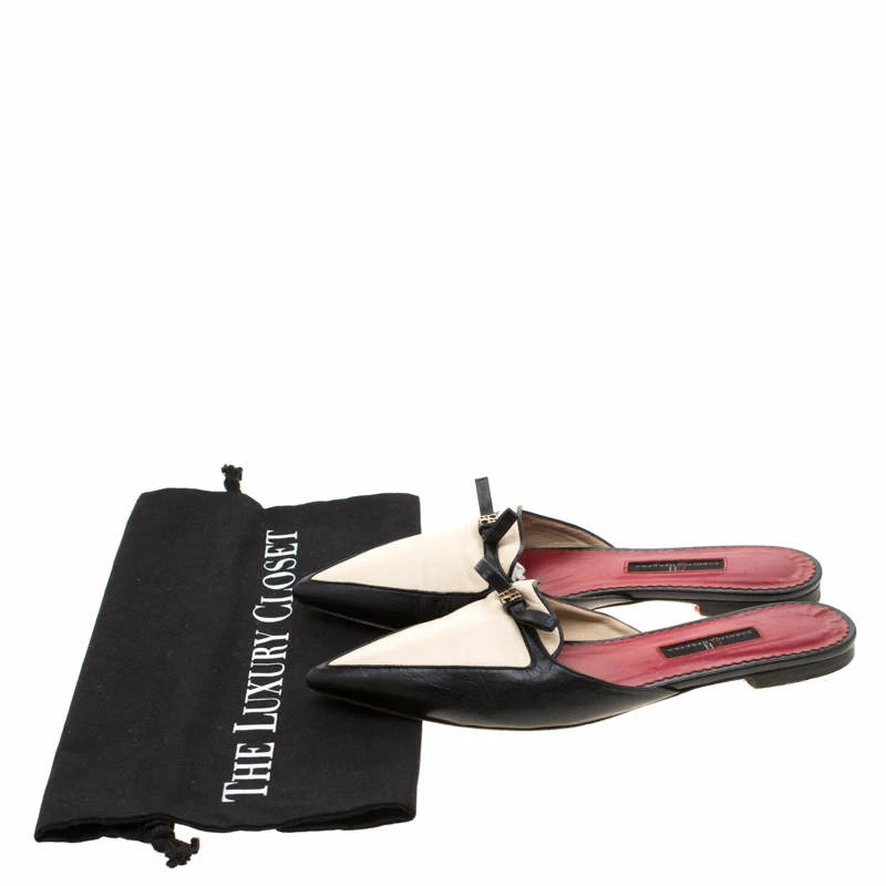 Carolina Herrera Black/Cream Leather Bow Detail Pointed Toe Mules Size 37 Women