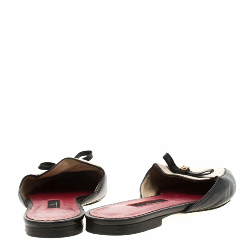 Carolina Herrera Black/Cream Leather Bow Detail Pointed Toe Mules Size 37 Women