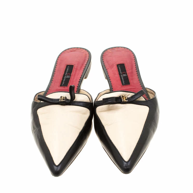 Carolina Herrera Black/Cream Leather Bow Detail Pointed Toe Mules Size 37 Women
