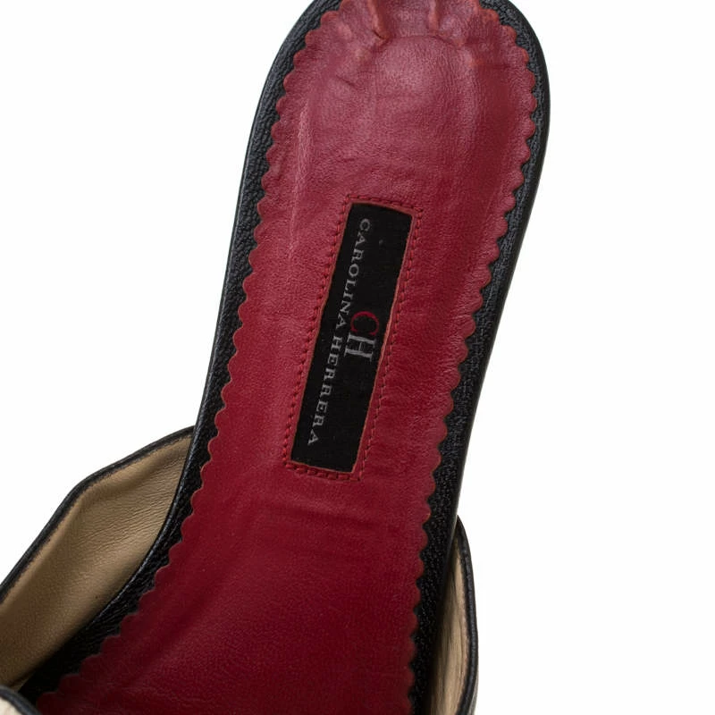 Carolina Herrera Black/Cream Leather Bow Detail Pointed Toe Mules Size 37 Women