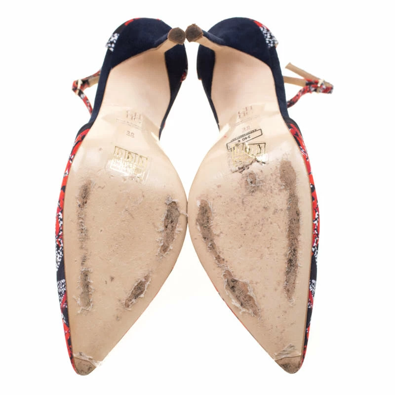 Carolina Herrera Blue Floral Printed Satin Pointed Toe Ankle Strap Sandals Size 38 Women