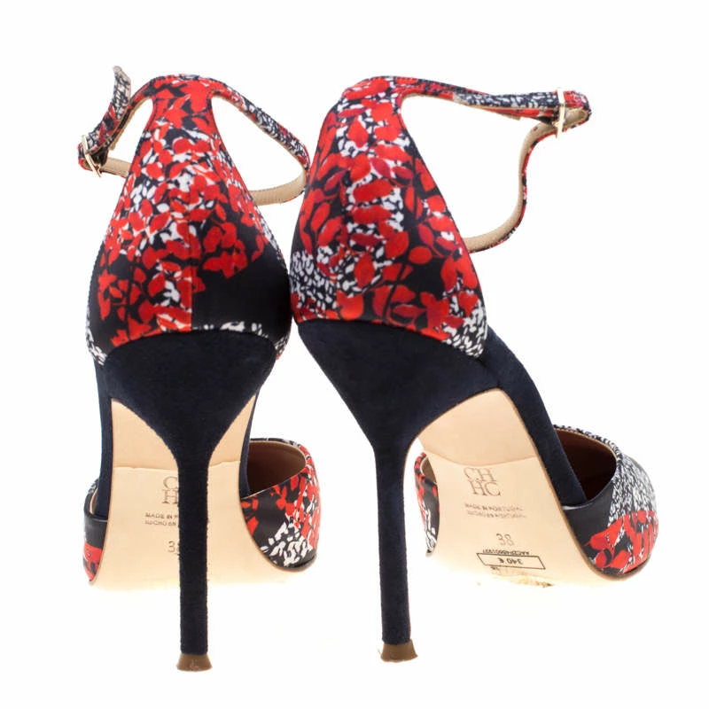 Carolina Herrera Blue Floral Printed Satin Pointed Toe Ankle Strap Sandals Size 38 Women