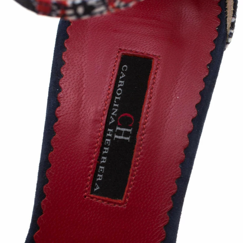 Carolina Herrera Blue Floral Printed Satin Pointed Toe Ankle Strap Sandals Size 38 Women