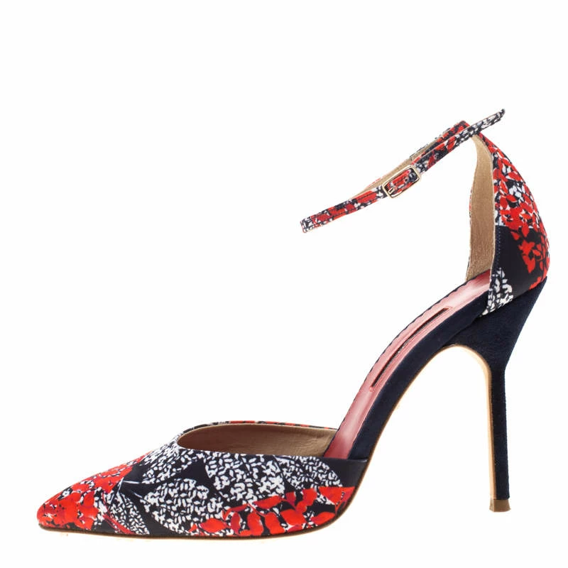 Carolina Herrera Blue Floral Printed Satin Pointed Toe Ankle Strap Sandals Size 38 Women