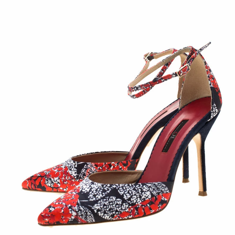 Carolina Herrera Blue Floral Printed Satin Pointed Toe Ankle Strap Sandals Size 38 Women
