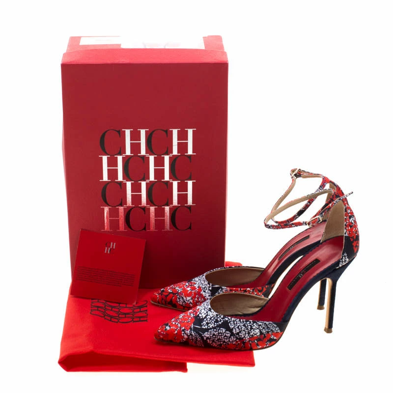 Carolina Herrera Blue Floral Printed Satin Pointed Toe Ankle Strap Sandals Size 38 Women