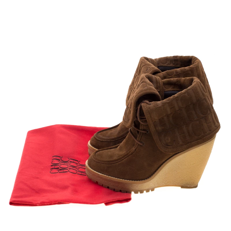 Carolina Herrera Brown Suede Wedge Heel Ankle Boots Size 37 Women