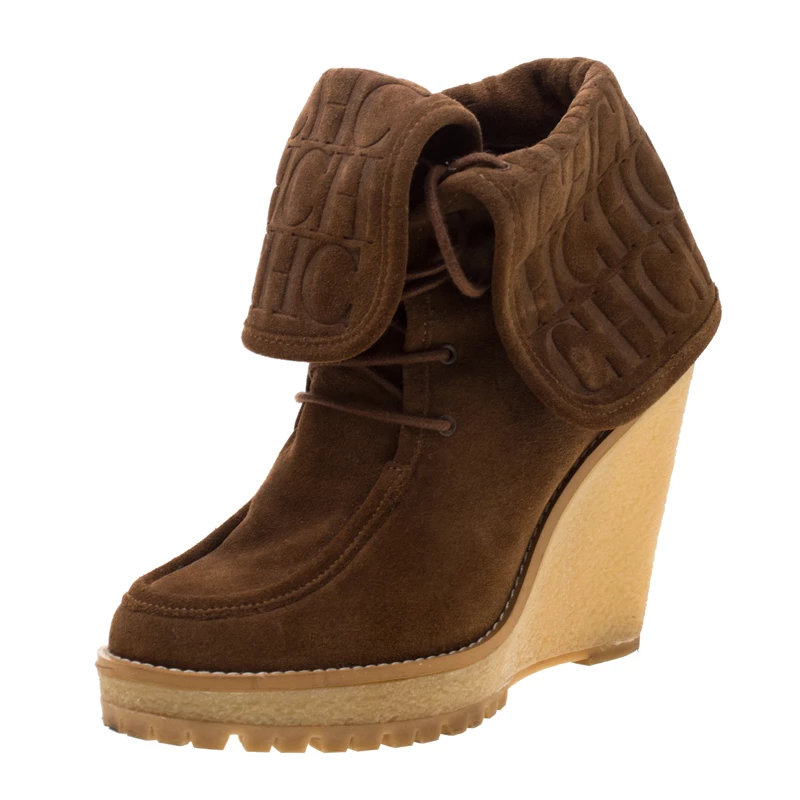 Carolina Herrera Brown Suede Wedge Heel Ankle Boots Size 37 Women