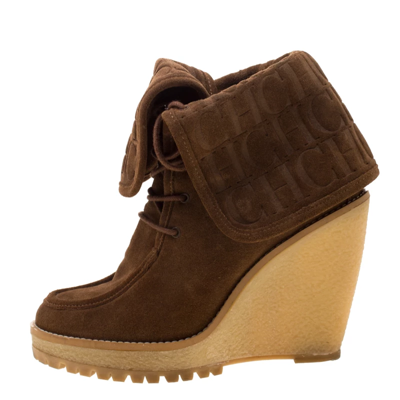 Carolina Herrera Brown Suede Wedge Heel Ankle Boots Size 37 Women