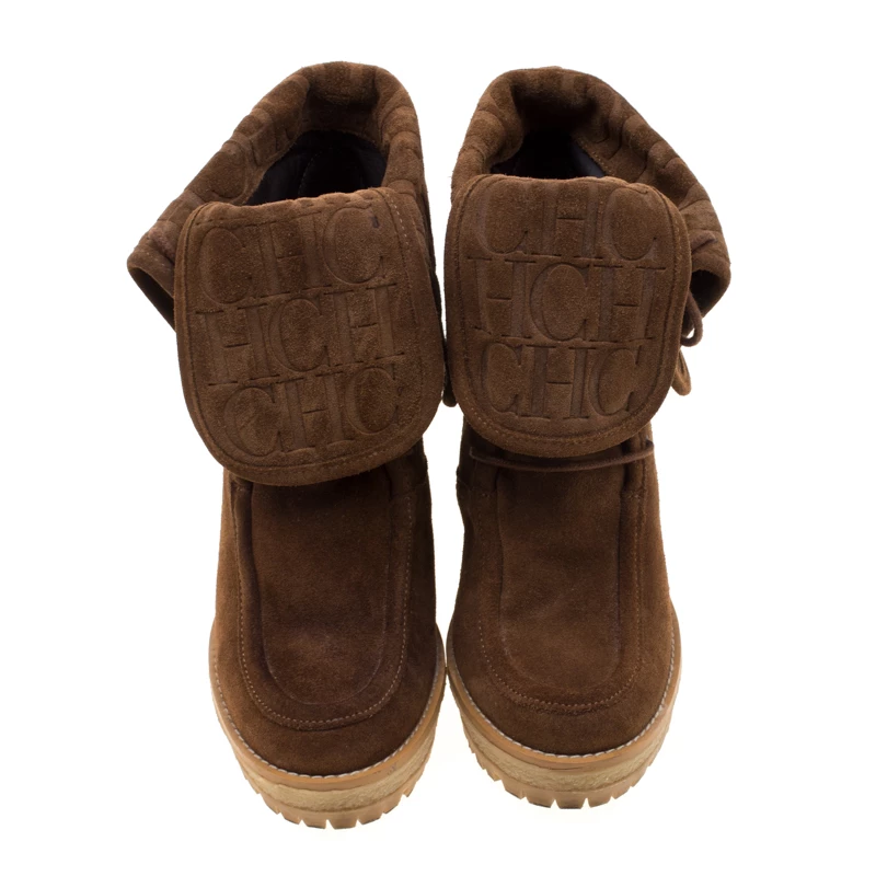 Carolina Herrera Brown Suede Wedge Heel Ankle Boots Size 37 Women