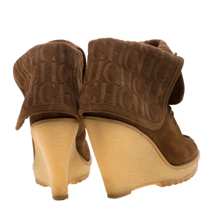 Carolina Herrera Brown Suede Wedge Heel Ankle Boots Size 37 Women