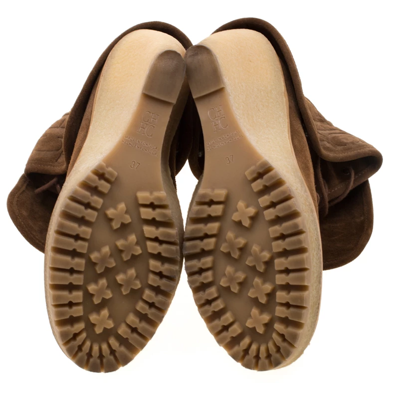 Carolina Herrera Brown Suede Wedge Heel Ankle Boots Size 37 Women