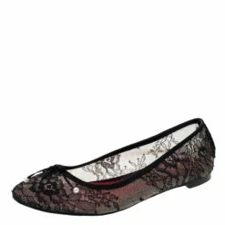 Carolina Herrera Black Satin/Lace Bow Ballet Flats Size 38 Women
