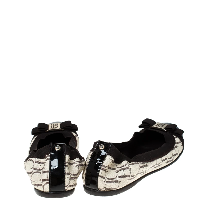Carolina Herrera Tri Color Monogram Coated Canvas and Leather Cap Toe Bow Ballet Flats Size 37 Women - Brown