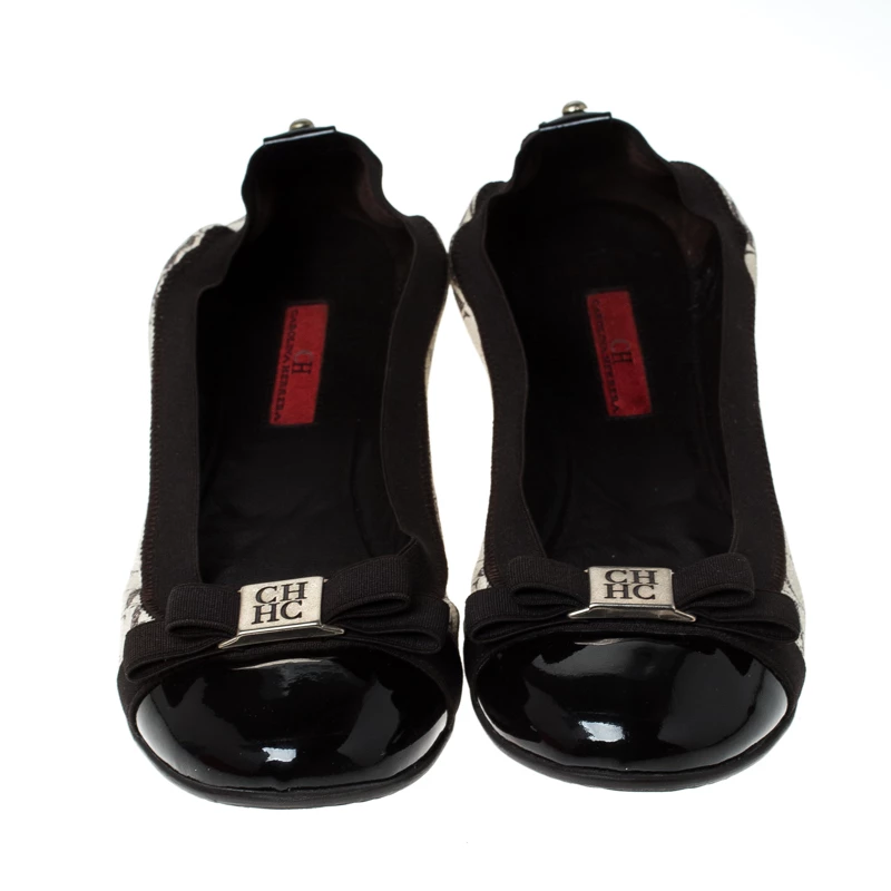 Carolina Herrera Tri Color Monogram Coated Canvas and Leather Cap Toe Bow Ballet Flats Size 37 Women - Brown