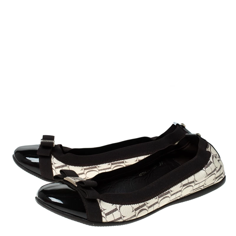 Carolina Herrera Tri Color Monogram Coated Canvas and Leather Cap Toe Bow Ballet Flats Size 37 Women - Brown