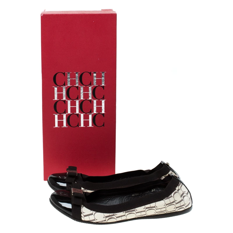 Carolina Herrera Tri Color Monogram Coated Canvas and Leather Cap Toe Bow Ballet Flats Size 37 Women - Brown