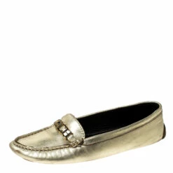 Carolina Herrera Metallic Gold Leather Slip On Loafers Size 37 Women
