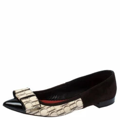 Carolina Herrera Dark Brown/Beige Suede And PVC Bow Pointed Toe Ballet Flats Size 40 Women