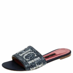 Carolina Herrera Tri Color Logo Satin Mar De Cristal Flat Slides Size 39 Women - Navy Blue