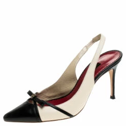 Carolina Herrera Beige/Black Leather Bow Pointed Toe Slingback Pumps Size 39 Women