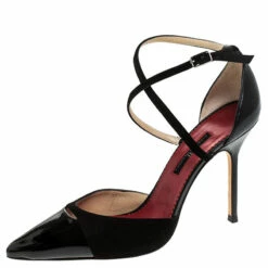 Carolina Herrera Black Suede And Patent Leather Criss Cross Ankle Strap Pumps Size 38 Women