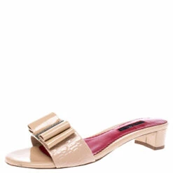 Carolina Herrera Beige Patent Leather Bow Detail Flat Slides Size 36 Women