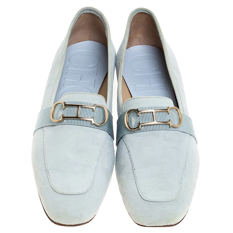 Carolina Herrera Blue Suede Logo Detail Slip On Loafers Size 40 Women