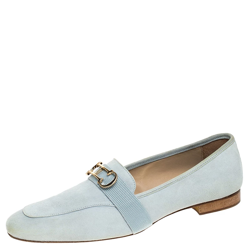 Carolina Herrera Blue Suede Logo Detail Slip On Loafers Size 40 Women