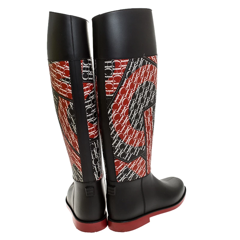 Carolina Herrera Black/Red Coated Canvas and Rubber Chiribitas Rain Boots Size 37 Women
