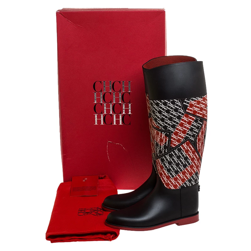 Carolina Herrera Black/Red Coated Canvas and Rubber Chiribitas Rain Boots Size 37 Women