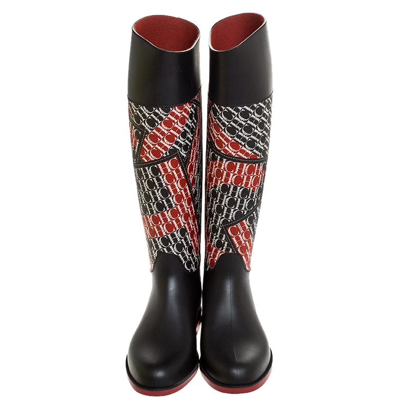 Carolina Herrera Black/Red Coated Canvas and Rubber Chiribitas Rain Boots Size 37 Women