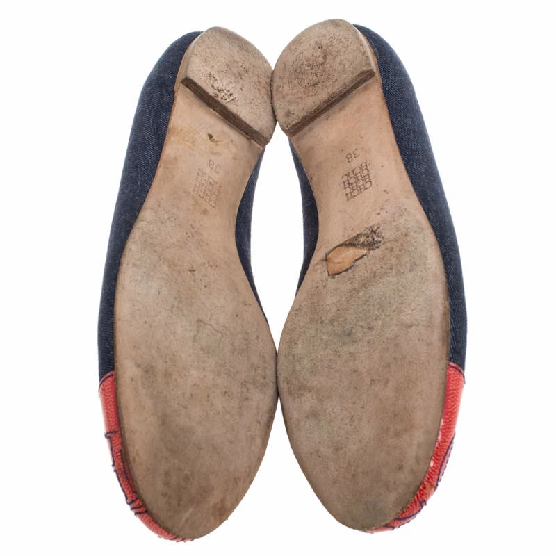 Carolina Herrera Blue Denim And Orange Patent Leather Logo Cap Toe Ballet Flats Size 38 Women
