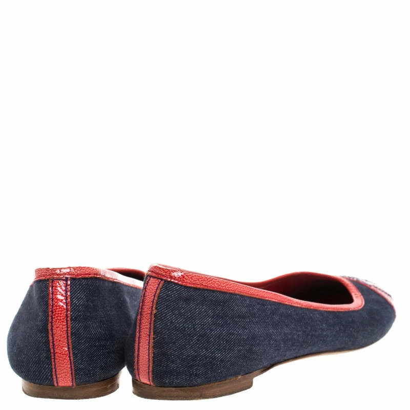 Carolina Herrera Blue Denim And Orange Patent Leather Logo Cap Toe Ballet Flats Size 38 Women