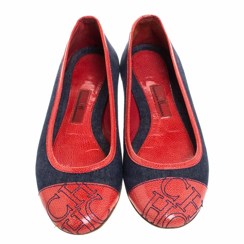 Carolina Herrera Blue Denim And Orange Patent Leather Logo Cap Toe Ballet Flats Size 38 Women
