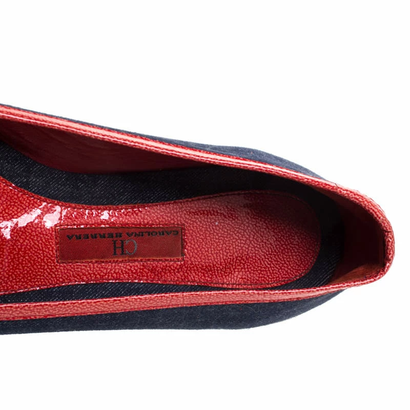 Carolina Herrera Blue Denim And Orange Patent Leather Logo Cap Toe Ballet Flats Size 38 Women
