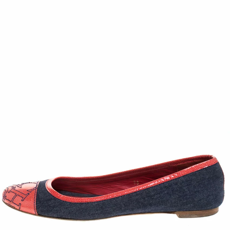 Carolina Herrera Blue Denim And Orange Patent Leather Logo Cap Toe Ballet Flats Size 38 Women