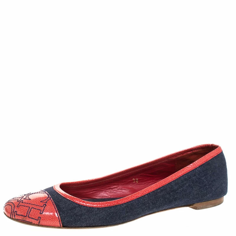 Carolina Herrera Blue Denim And Orange Patent Leather Logo Cap Toe Ballet Flats Size 38 Women