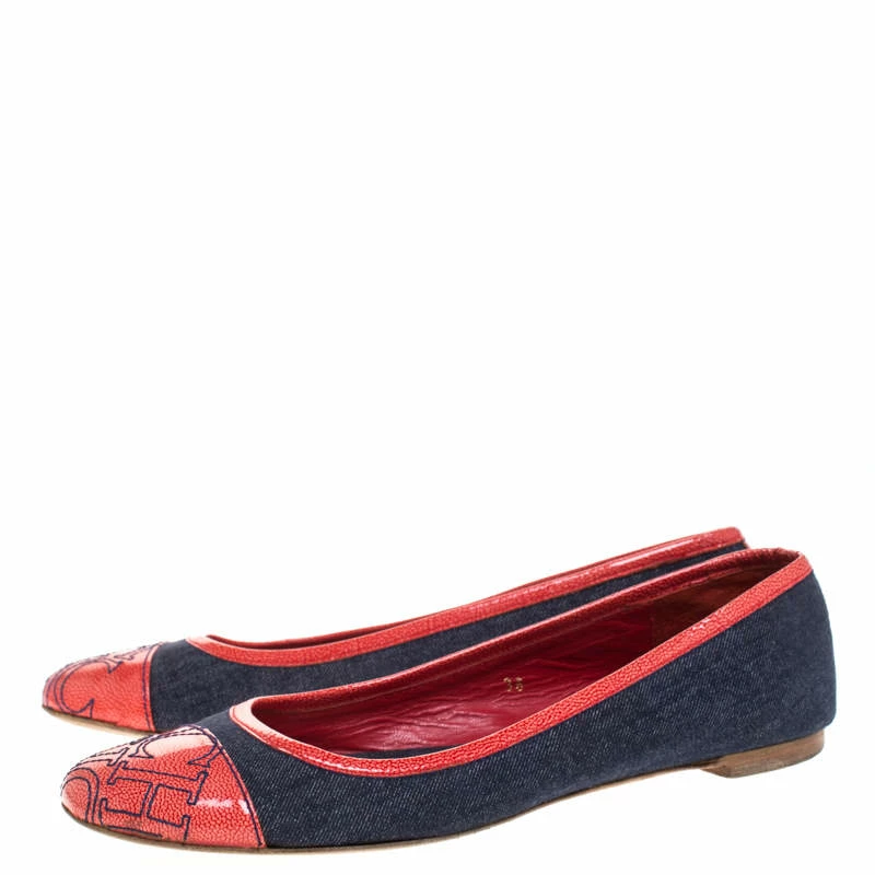 Carolina Herrera Blue Denim And Orange Patent Leather Logo Cap Toe Ballet Flats Size 38 Women