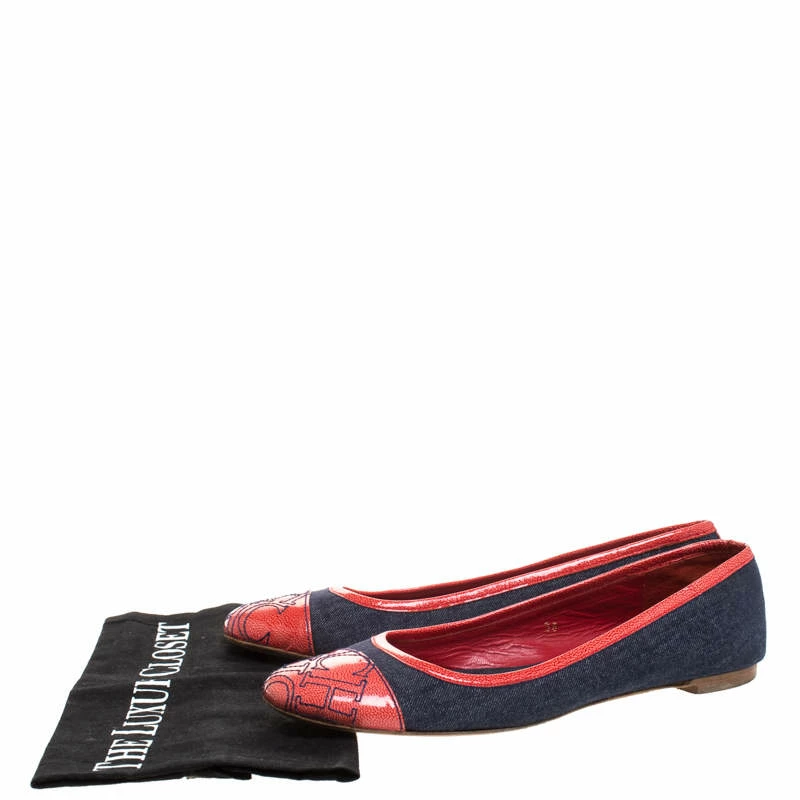 Carolina Herrera Blue Denim And Orange Patent Leather Logo Cap Toe Ballet Flats Size 38 Women