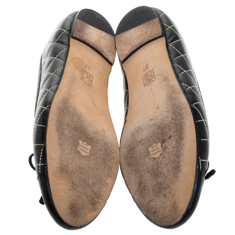 Carolina Herrera Black Quilted Leather Bow Ballet Flats Size 37 Women - Blue
