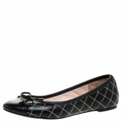 Carolina Herrera Black Quilted Leather Bow Ballet Flats Size 37 Women - Blue
